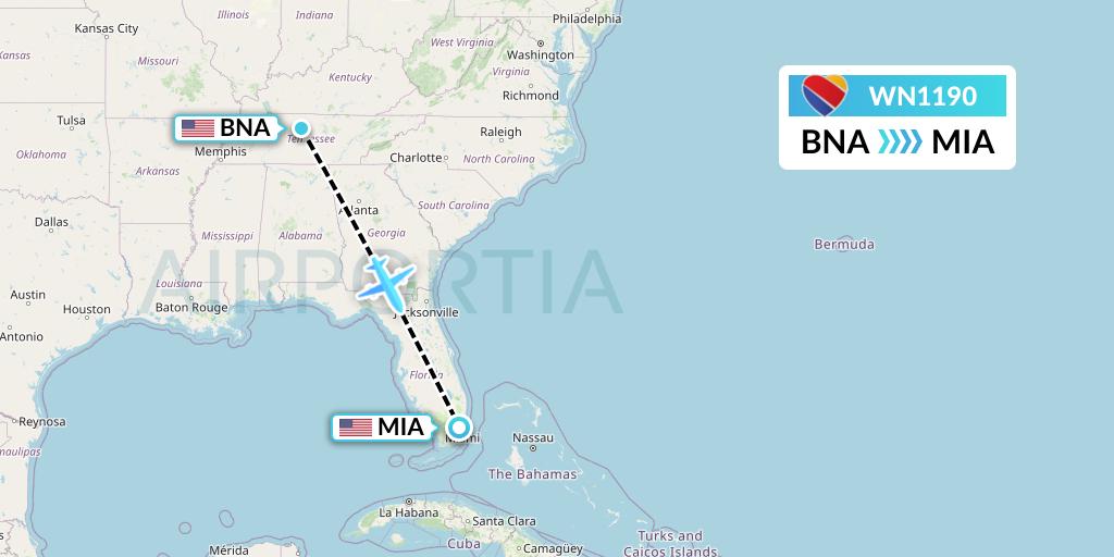 WN1190 Southwest Airlines Flight Map: Nashville to Miami