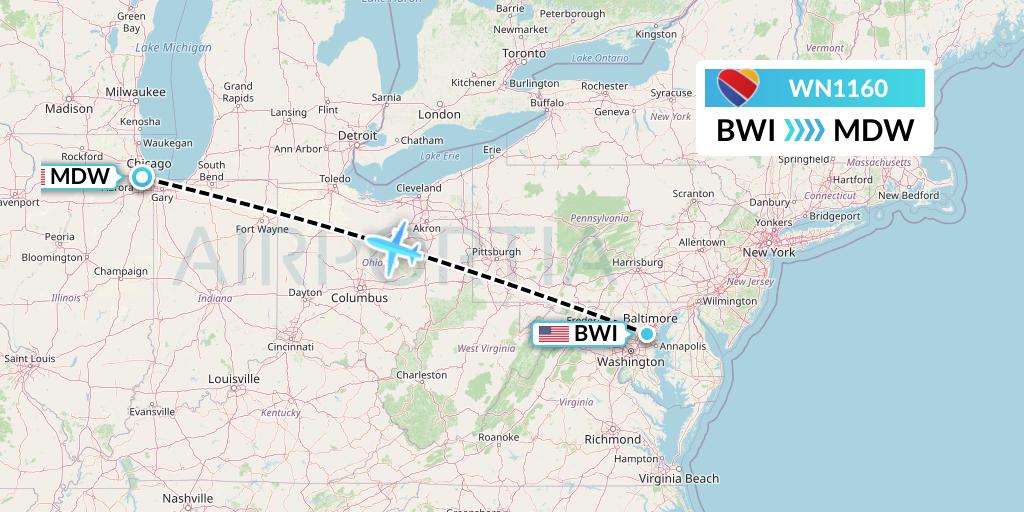 WN1160 Southwest Airlines Flight Map: Baltimore to Chicago