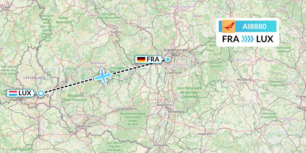 AI8880 Air India Flight Map: Frankfurt to Luxembourg