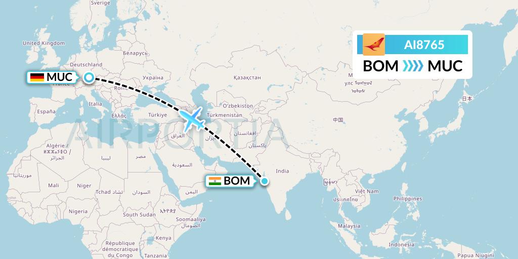 AI8765 Air India Flight Map: Mumbai to Munich