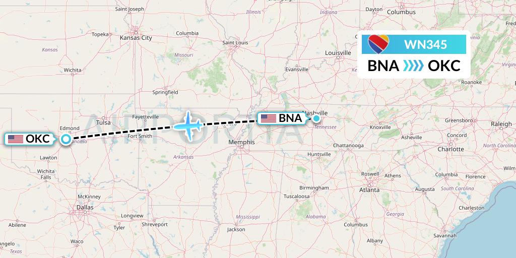 WN345 Southwest Airlines Flight Map: Nashville to Oklahoma City