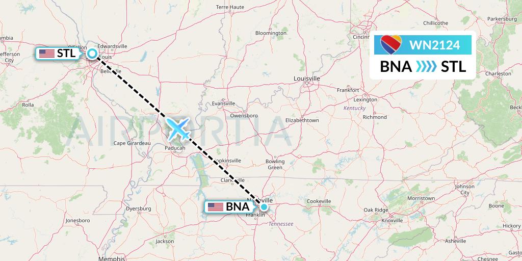 WN2124 Southwest Airlines Flight Map: Nashville to St. Louis