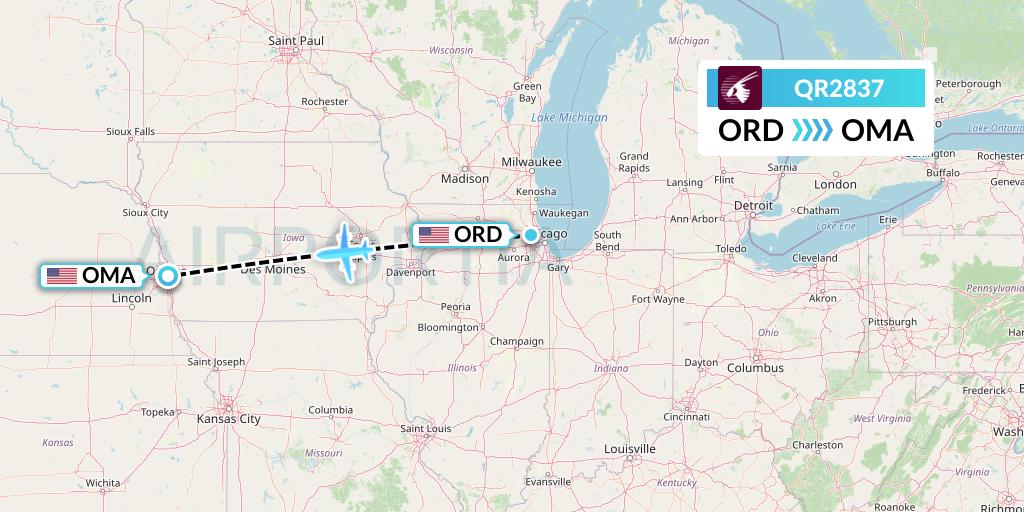 QR2837 Qatar Airways Flight Map: Chicago to Omaha