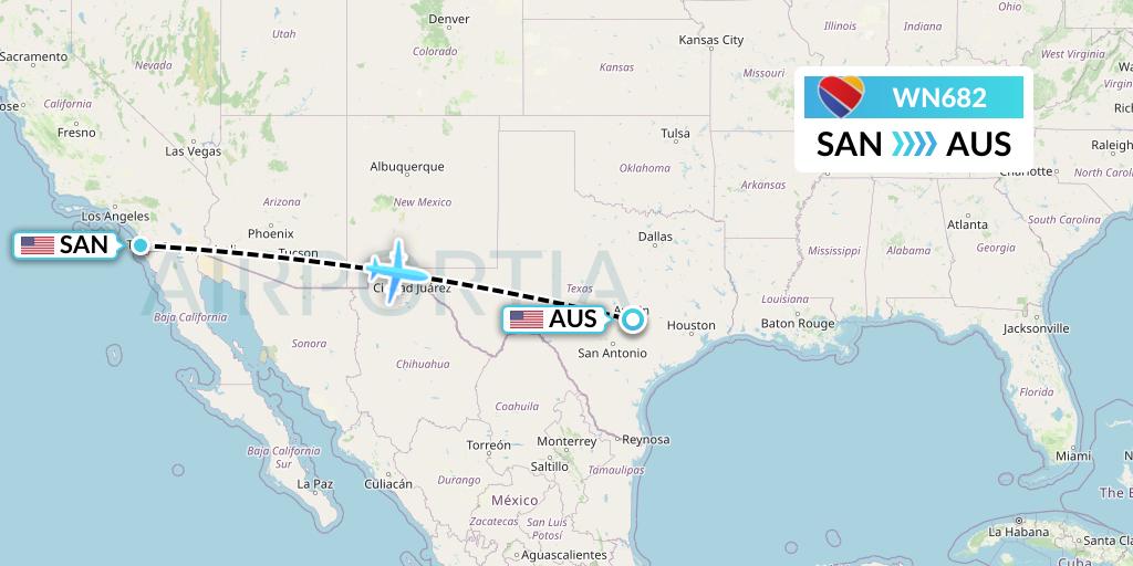 WN682 Southwest Airlines Flight Map: San Diego to Austin