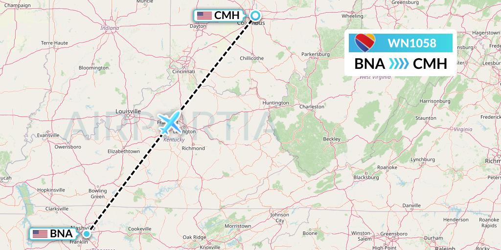 WN1058 Southwest Airlines Flight Map: Nashville to Columbus