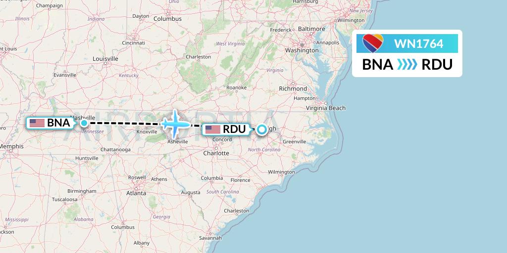 WN1764 Southwest Airlines Flight Map: Nashville to Raleigh-Durham