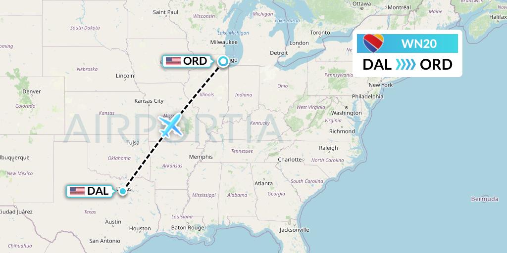WN20 Southwest Airlines Flight Map: Dallas to Chicago
