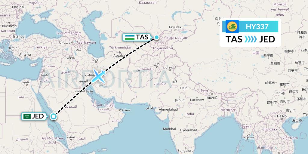 HY337 Uzbekistan Airways Flight Map: Tashkent to Jeddah