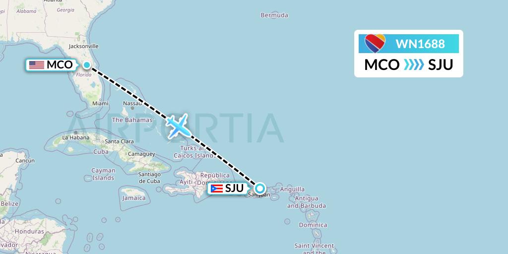 WN1688 Southwest Airlines Flight Map: Orlando to San Juan