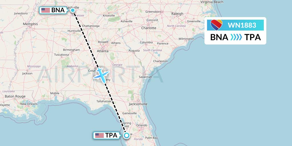 WN1883 Southwest Airlines Flight Map: Nashville to Tampa