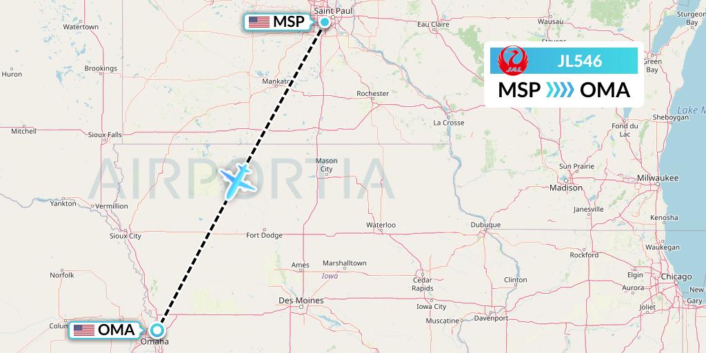 JL546 Japan Airlines Flight Map: Minneapolis to Omaha