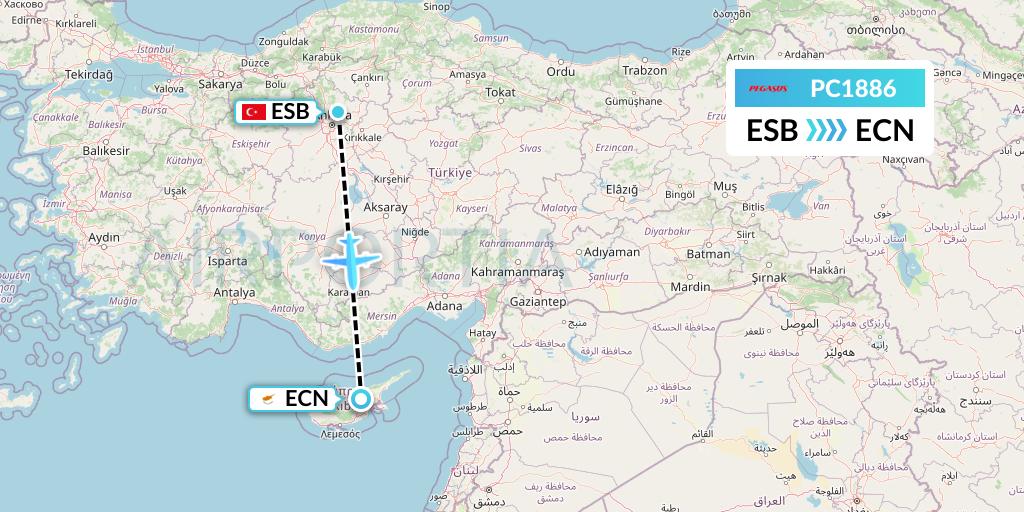 PC1886 Pegasus Airlines Flight Map: Ankara to Tymvou