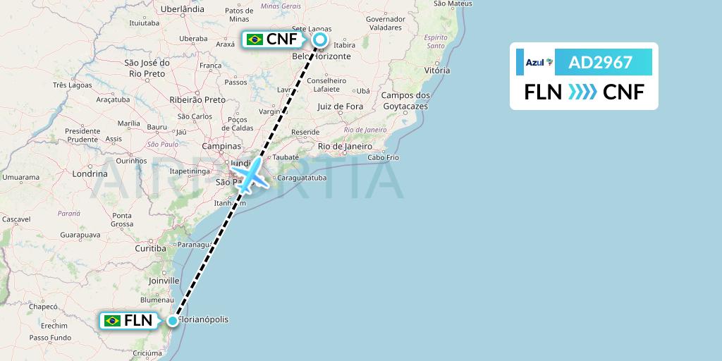 AD2967 Azul Brazilian Airlines Flight Map: Florianopolis to Belo Horizonte