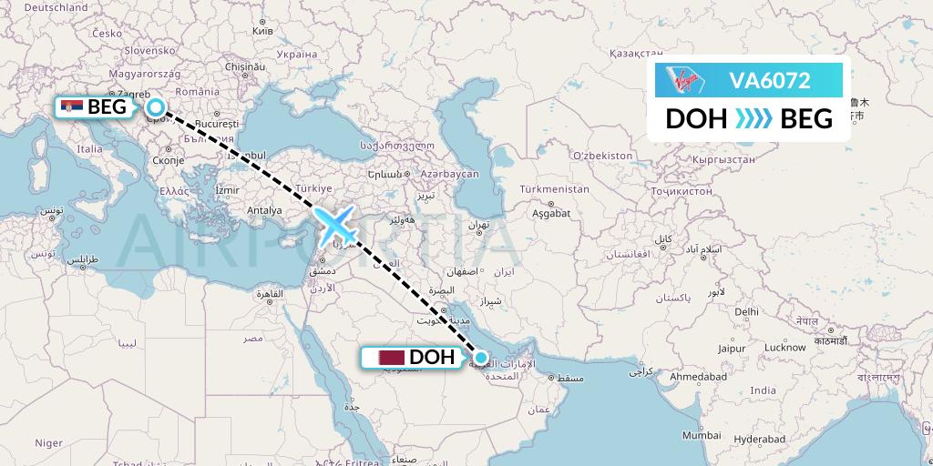 VA6072 Virgin Australia Flight Map: Doha to Belgrade