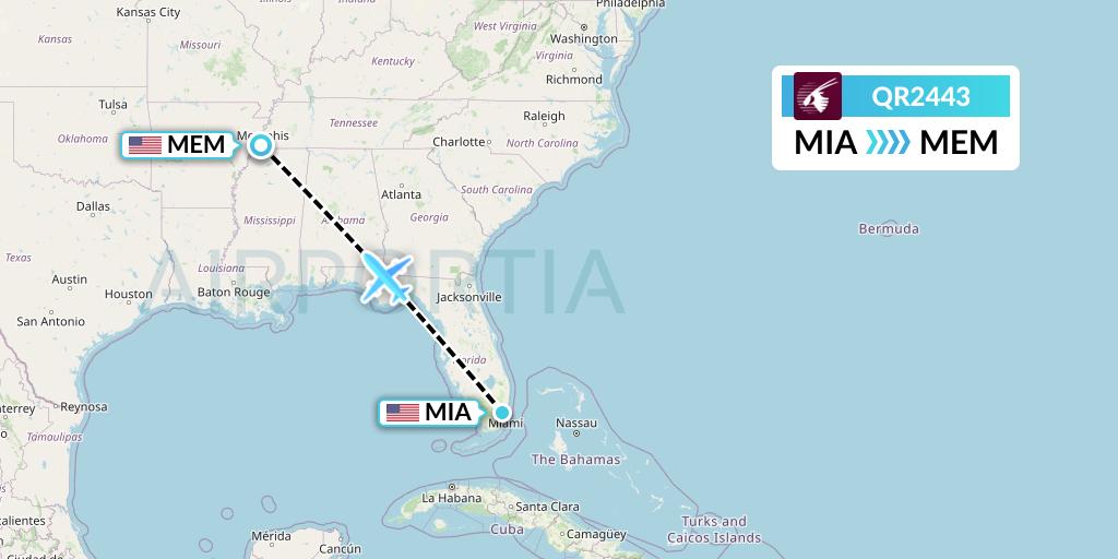 QR2443 Qatar Airways Flight Map: Miami to Memphis