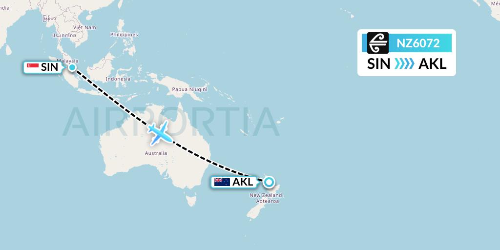 NZ6072 Air New Zealand Flight Map: Singapore to Auckland