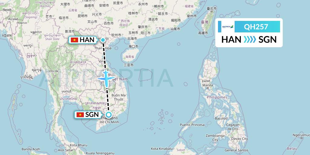 QH257 Bamboo Airways Flight Map: Hanoi to Ho Chi Minh City