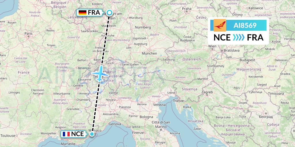 AI8569 Air India Flight Map: Nice to Frankfurt