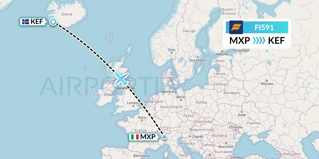 FI591 Icelandair Flight Map: Milan to Reykjavik