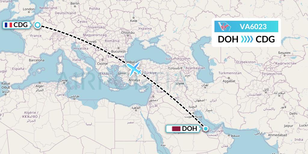 VA6023 Virgin Australia Flight Map: Doha to Paris