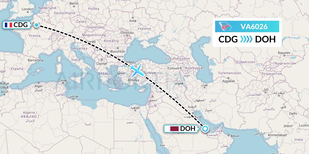 VA6026 Virgin Australia Flight Map: Paris to Doha