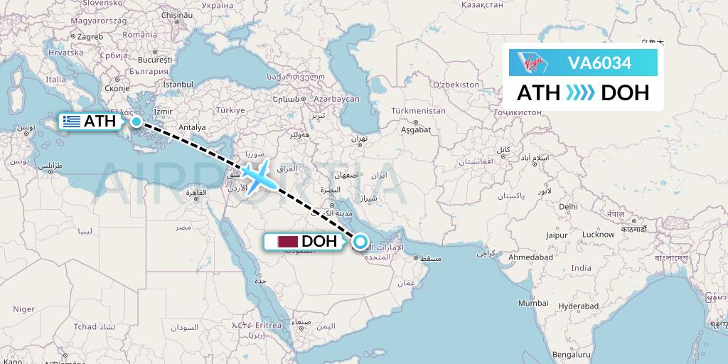 VA6034 Virgin Australia Flight Map: Athens to Doha