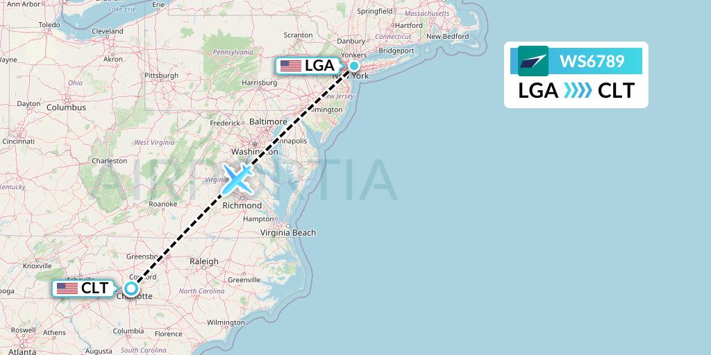 WS6789 WestJet Flight Map: New York to Charlotte