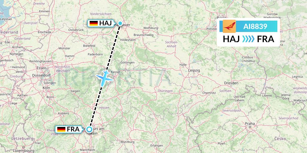 AI8839 Air India Flight Map: Hannover to Frankfurt