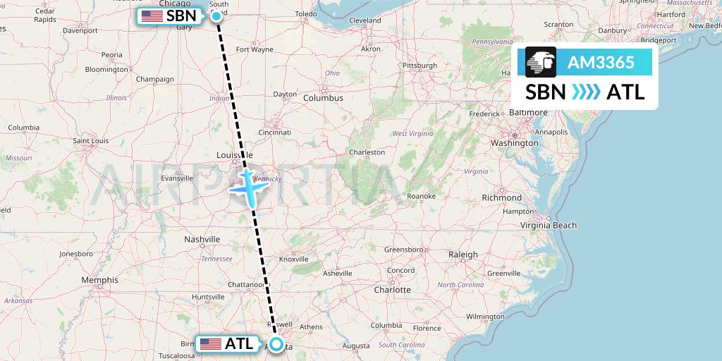 AM3365 Aeromexico Flight Map: South Bend to Atlanta