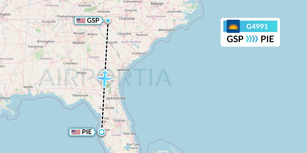 G4991 Allegiant Air Flight Map: Greenville-Spartanburg to St. Petersburg