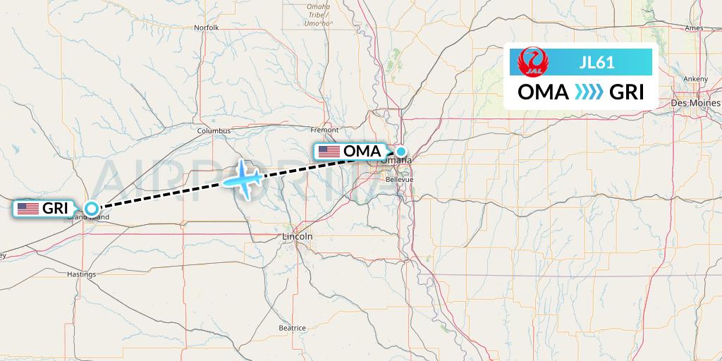 JL61 Japan Airlines Flight Map: Omaha to Grand Island