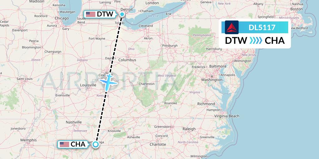 DL5117 Delta Air Lines Flight Map: Detroit to Chattanooga