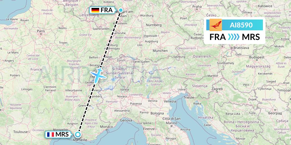 AI8590 Air India Flight Map: Frankfurt to Marseille