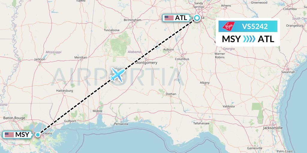 VS5242 Virgin Atlantic Airways Flight Map: New Orleans to Atlanta