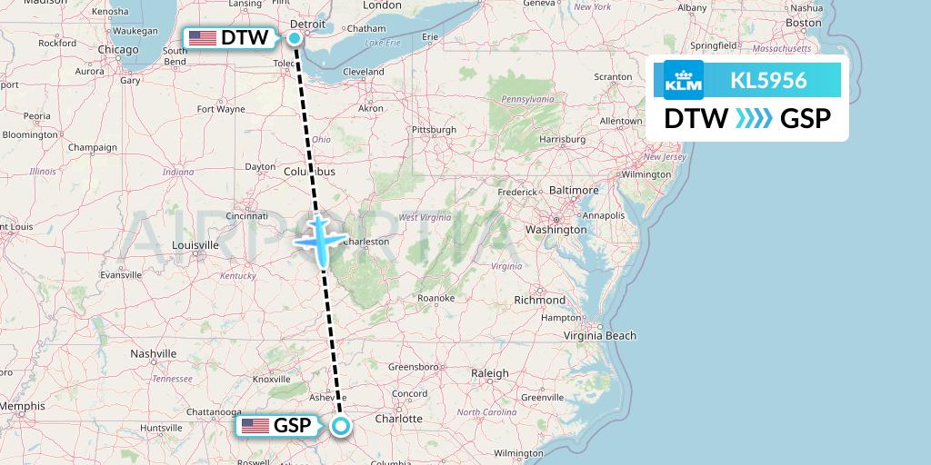 KL5956 KLM Flight Map: Detroit to Greenville-Spartanburg