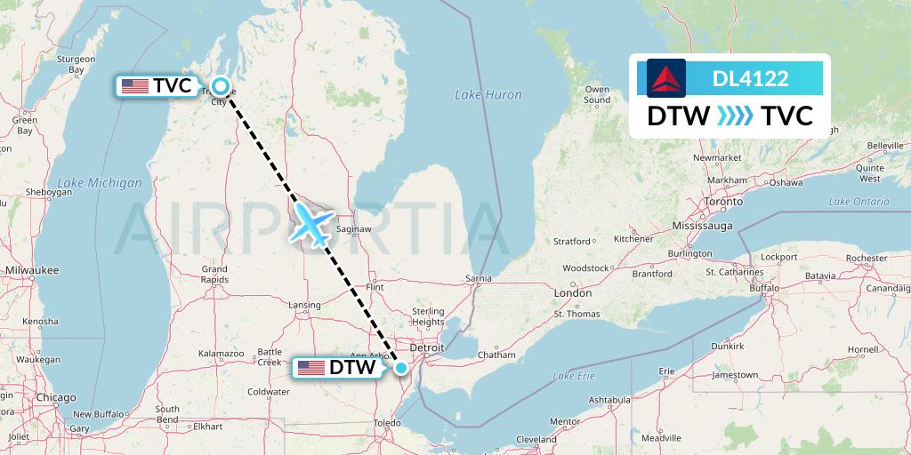 DL4122 Delta Air Lines Flight Map: Detroit to Traverse City