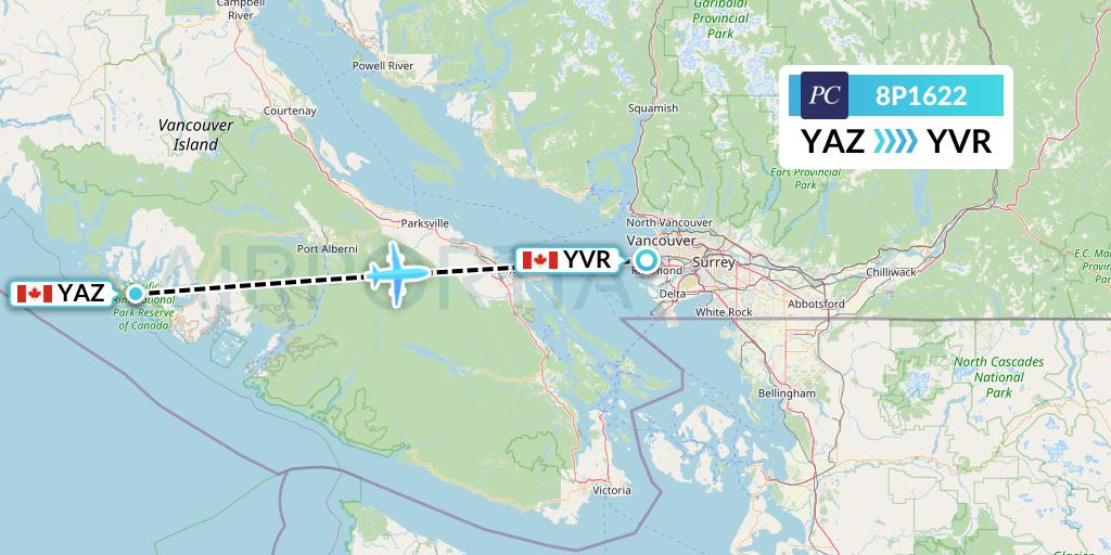 8P1622 Pacific Coastal Airlines Flight Map: Tofino to Vancouver
