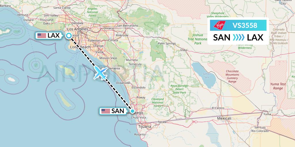 VS3558 Virgin Atlantic Airways Flight Map: San Diego to Los Angeles