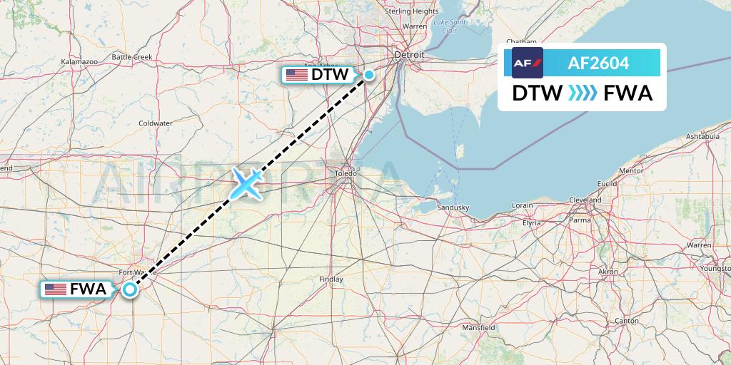 AF2604 Air France Flight Map: Detroit to Fort Wayne