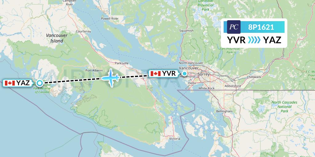 8P1621 Pacific Coastal Airlines Flight Map: Vancouver to Tofino