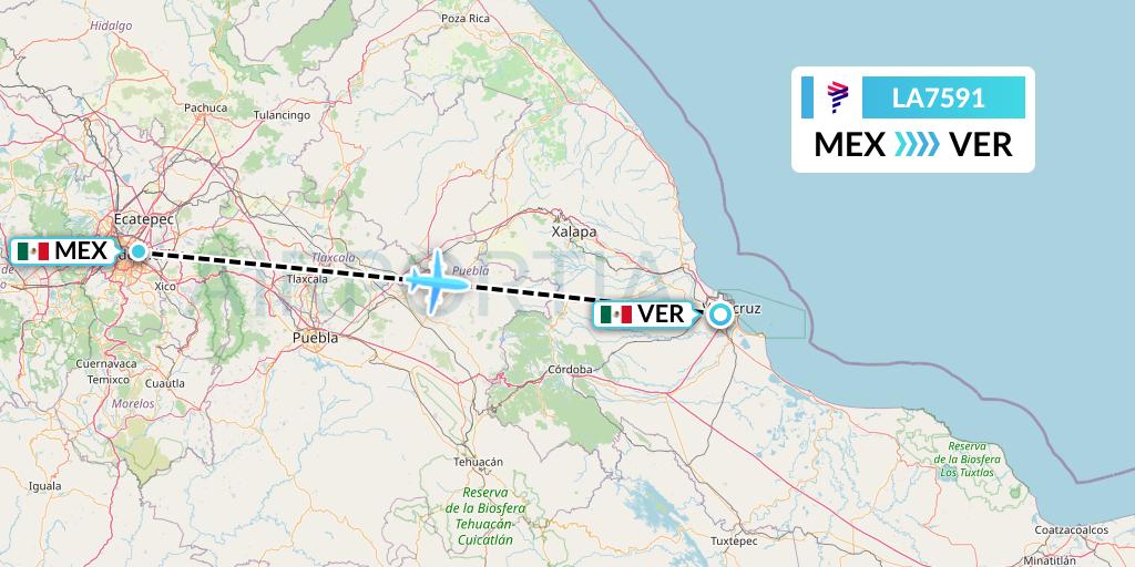 LA7591 LAN Airlines Flight Map: Mexico City to Veracruz