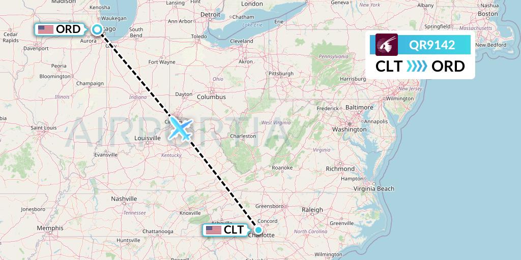 QR9142 Qatar Airways Flight Map: Charlotte to Chicago