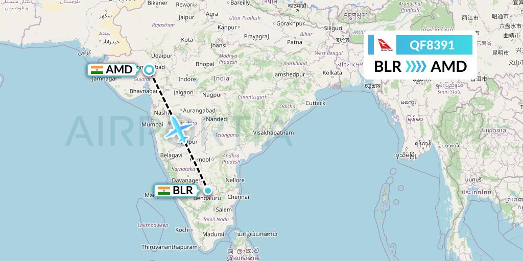 QF8391 Qantas Flight Map: Bangalore to Ahmedabad
