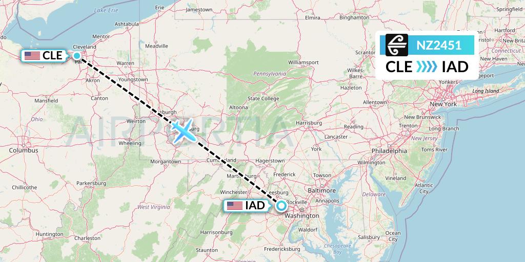 NZ2451 Air New Zealand Flight Map: Cleveland to Washington