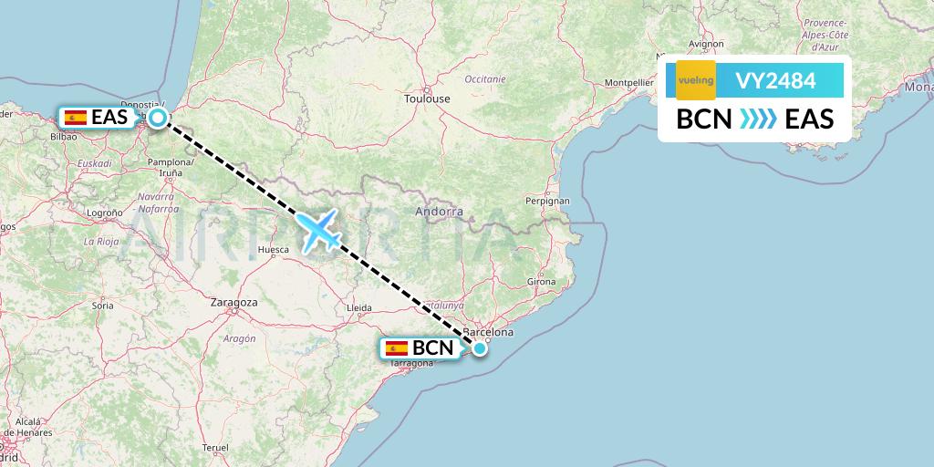 VY2484 Vueling Flight Map: Barcelona to San Sebastian