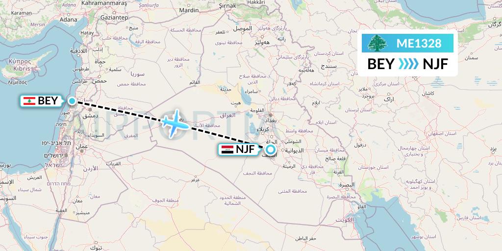ME1328 MEA Flight Map: Beirut to Najaf