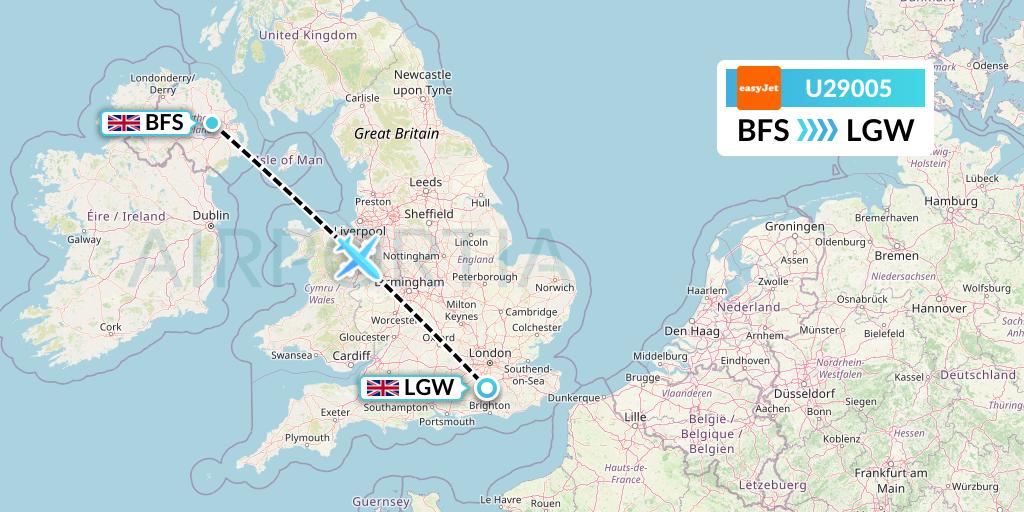 U29005 EasyJet Flight Map: Belfast to London