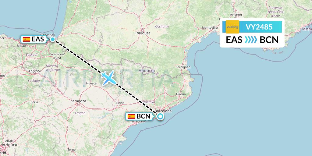 VY2485 Vueling Flight Map: San Sebastian to Barcelona