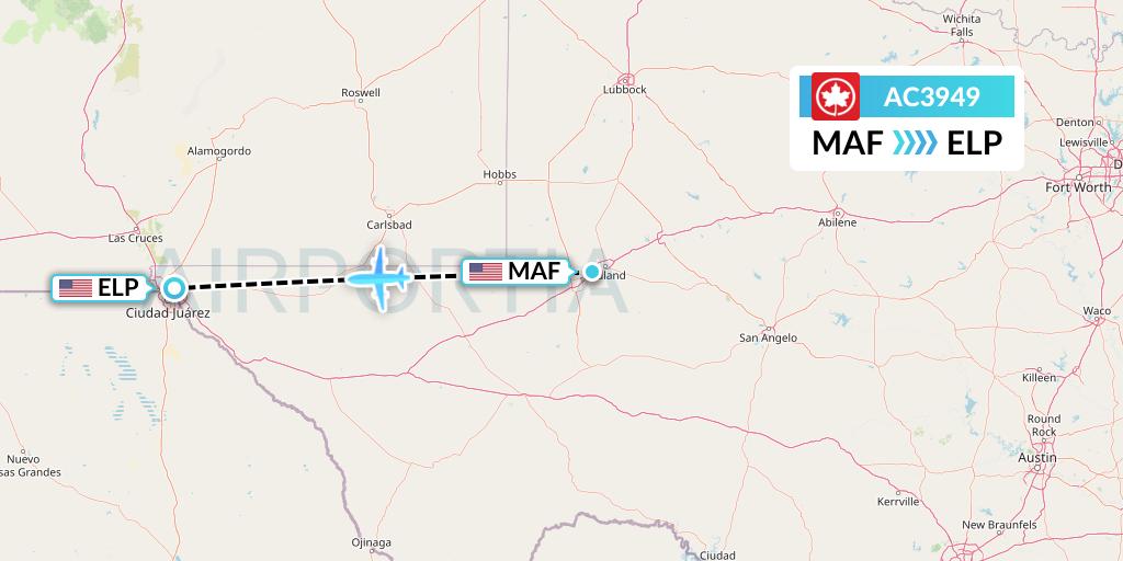 AC3949 Air Canada Flight Map: Midland to El Paso