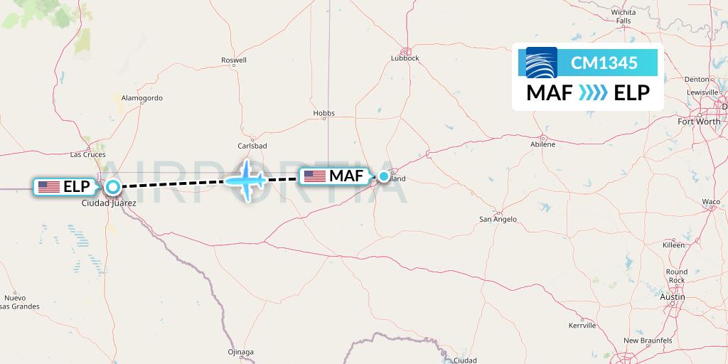CM1345 Copa Airlines Flight Map: Midland to El Paso